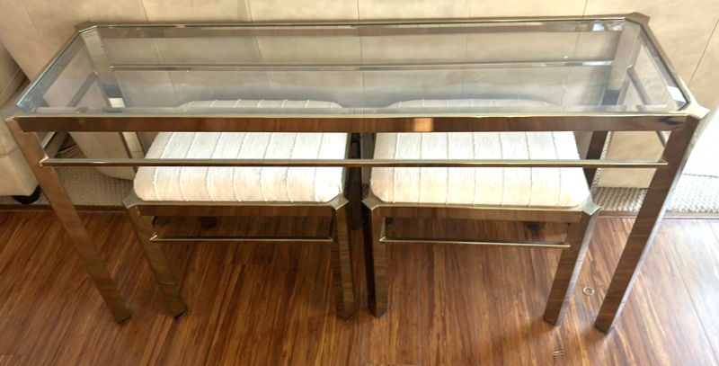 Photo 1 of MIDCENTURY MODERN 1979s MILO BAUGHMAN STYLE BRASS AND GLASS CONSOLE TABLE  w 2 STOOLS 51 1/2“ x 16“ x 26 1/2“