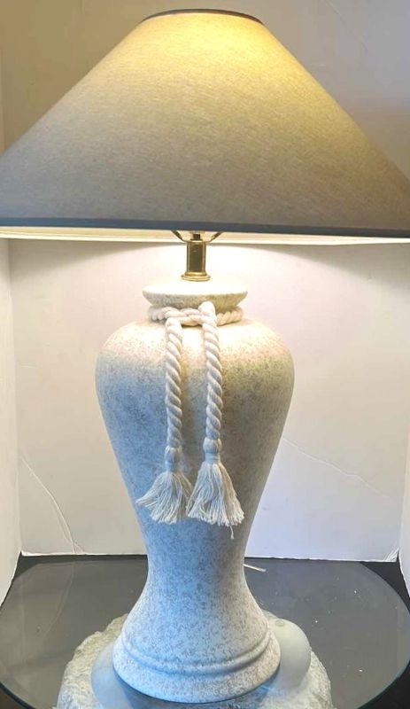 Photo 1 of OFF WHITE PLASTER TABLE LAMP W LINEN SHADE H33”