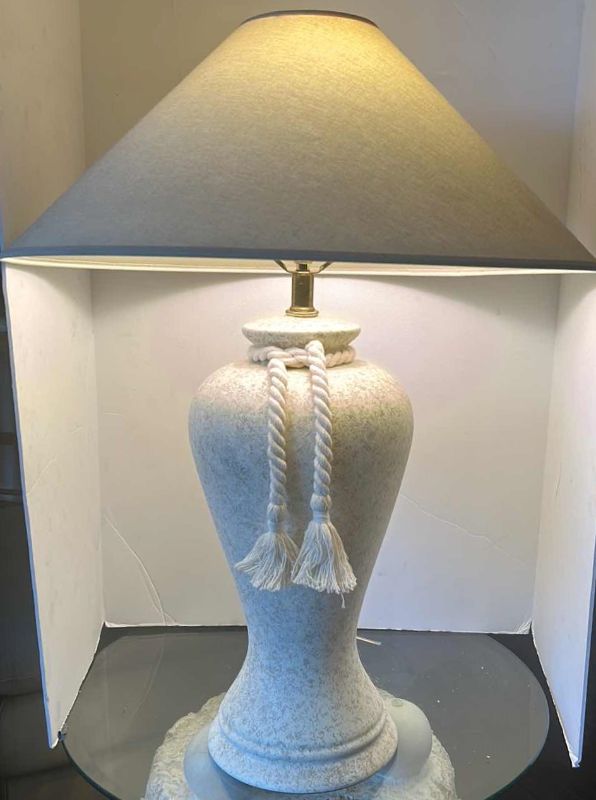 Photo 5 of OFF WHITE PLASTER TABLE LAMP W LINEN SHADE H33”