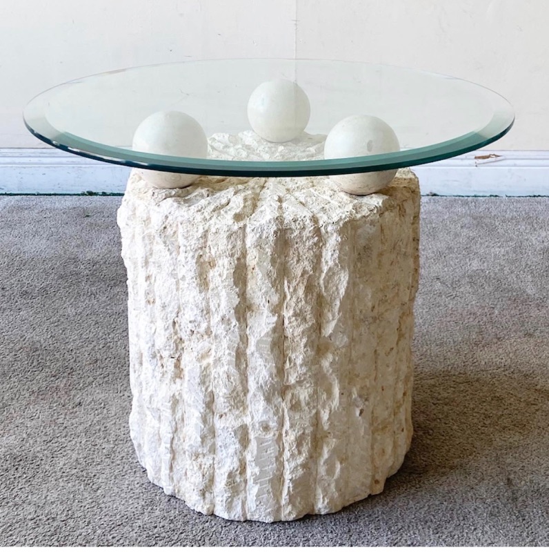 Photo 1 of UNIQUE POSTMODERN TESSELLATED STONE SIDE TABLE. Features a glass top which rests on three stone spheres., 
 23 1/2” x 19” ($300 to $800 online)
