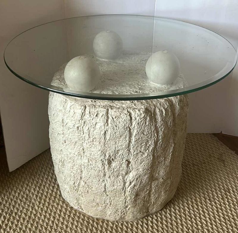 Photo 5 of UNIQUE POSTMODERN TESSELLATED STONE SIDE TABLE. Features a glass top which rests on three stone spheres., 
 23 1/2” x 19” ($300 to $800 online)
