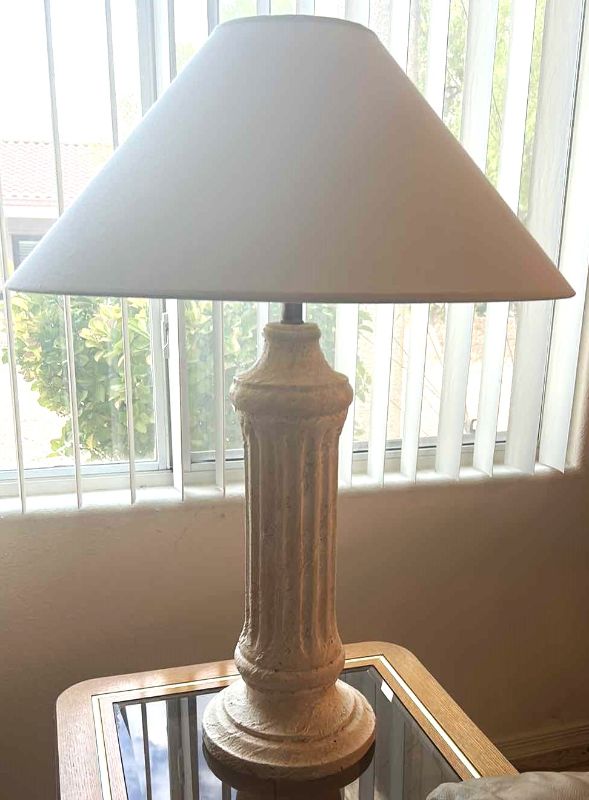 Photo 1 of PLASTER PILLAR TABLE LAMP W LINEN SHADE 32”