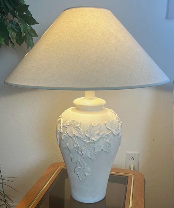 Photo 1 of IVORY PLASTER TABLE LAMP W LINEN SHADE H29”