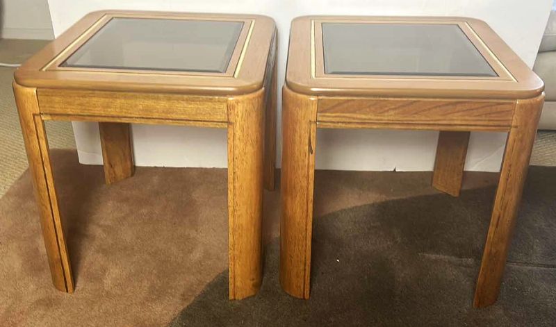 Photo 1 of 2 MATCHING END TABLES W SMOKED GLASS AND INSERTS 18” x 20” x 18 1/2”