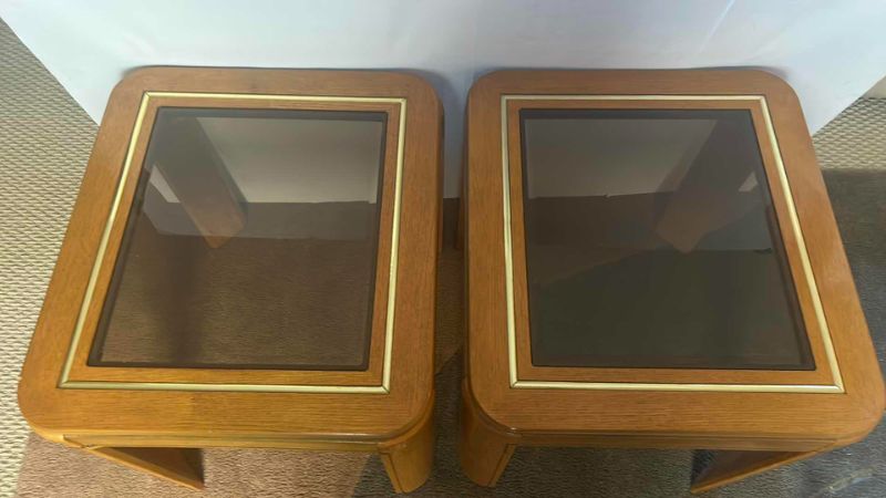 Photo 2 of 2 MATCHING END TABLES W SMOKED GLASS AND INSERTS 18” x 20” x 18 1/2”