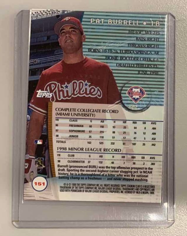 Photo 1 of 1998 STADIUM CLUB PAT BURRELL ROOKIE 151 BASEBALL CARD