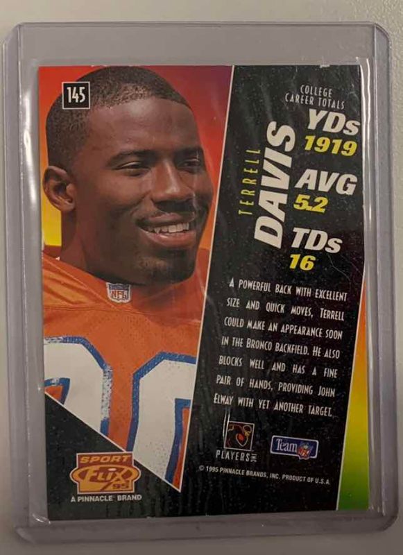 Photo 1 of 1995 SPORT FLIX LENTICULAR TERRELL DAVIS ROOKIE 145 FOOTBALL CARD