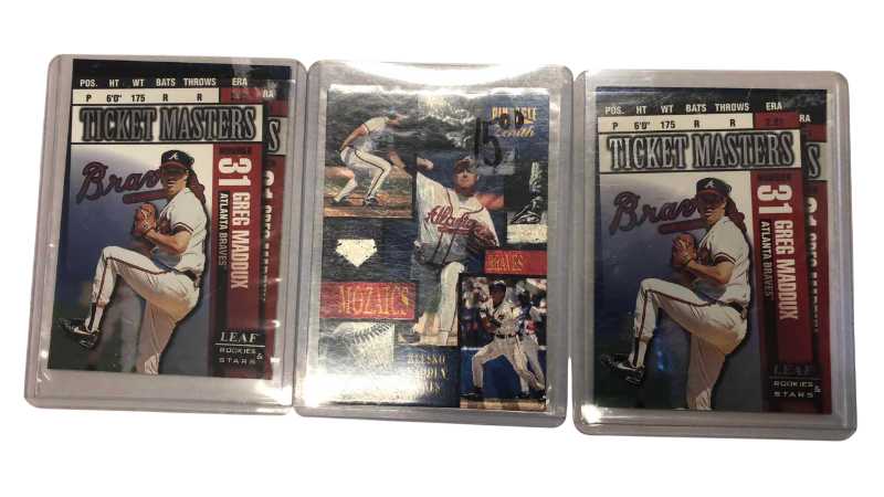 Photo 1 of 1996 PINNACLE ZENITH BRAVES MOSAIC AND 2-1998 LEAF ROOKIES AND STARS GREG MADDUX BASEBALL CARDS