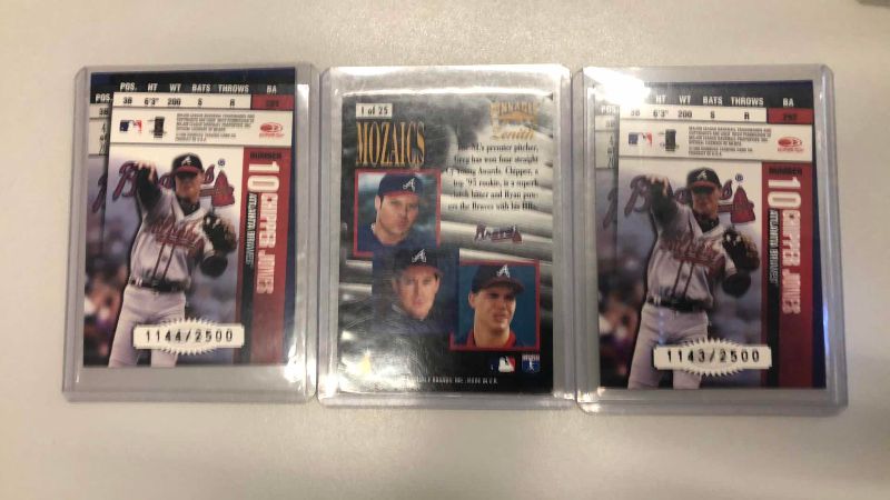 Photo 1 of 1996 PINNACLE ZENITH BRAVES MOSAIC AND 2-1998 LEAF ROOKIES AND STARS GREG MADDUX BASEBALL CARDS