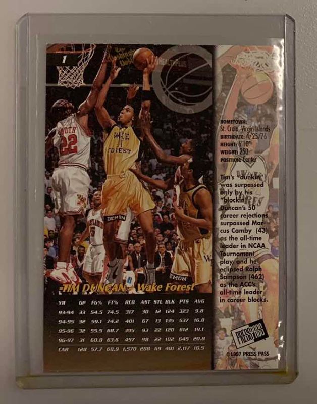 Photo 1 of 1997 PRESS PASS TIM DUNCAN ROOKIE 1 BASKETBALL CARD