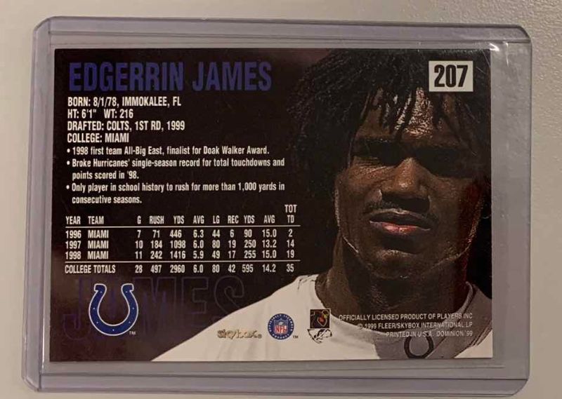 Photo 1 of 1999 SKYBOX DOMINION EDGERRIN JAMES ROOKIE 207 FOOTBALL CARD