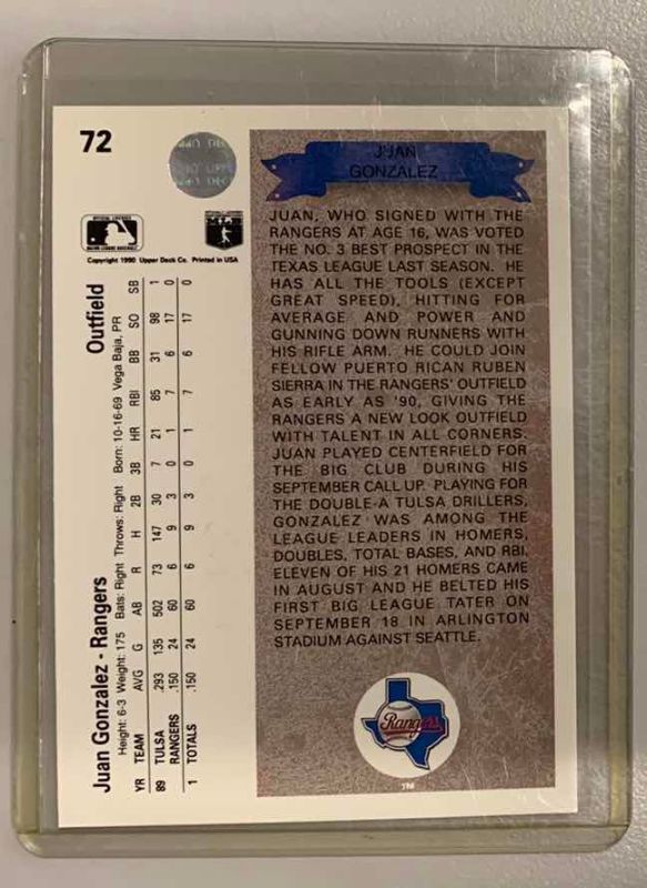 Photo 1 of 1990 UPPER DECK JUAN GONZALEZ ROOKIE 72 BASEBALL CARD