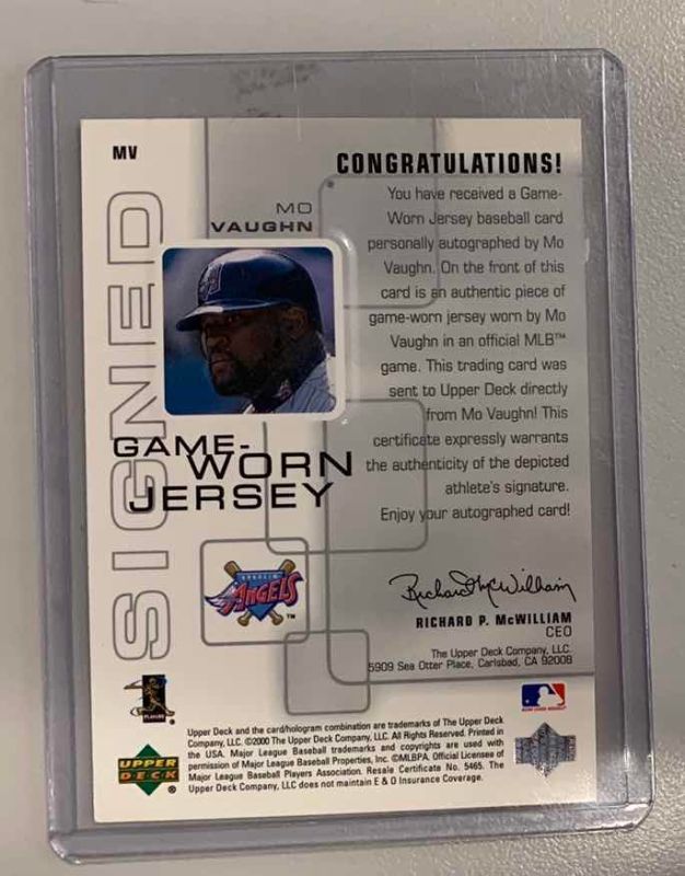 Photo 1 of 2000 UPPER DECK AUTHENTICS MO VAUGN AUTOGRAPH AND GAME WORN JERSEY MV BASEBALL CARD