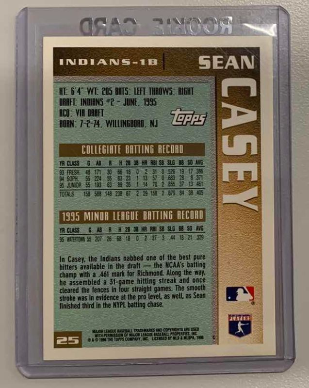 Photo 1 of 1996 TOPPS SEAN CASEY ROOKIE 25 BASEBALL CARD