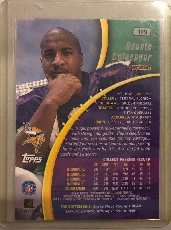Photo 1 of 1999 TOPPS STADIUM CLUB DAUNTE CULPEPPER ROOKIE CARD 119 FOOTBALL CARD