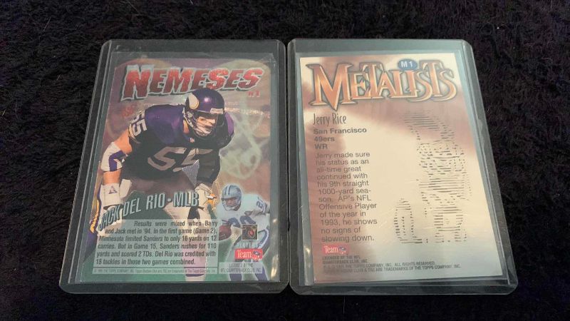 Photo 1 of 1995 TOPPS BARRY SANDERS/JACK DEL RIO NEMESES AND 1996 TSC JERRY RICE METALISTS NFL FOOTBALL CARDS