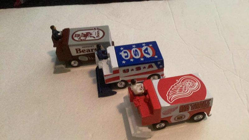 Photo 1 of 3-EXOTIC HOT WHEELS AND 3-NHL HOCKEY ZAMBONI’S RED WINGS