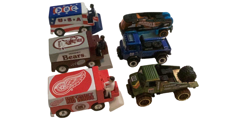 Photo 1 of 3-EXOTIC HOT WHEELS AND 3-NHL HOCKEY ZAMBONI’S RED WINGS