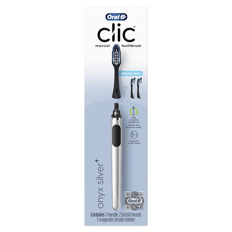 Photo 1 of Oral-B Clic Manual Toothbrush, Chrome Black, with 1 Bonus Replacement Brush Head and Magnetic Toothbrush Holder
