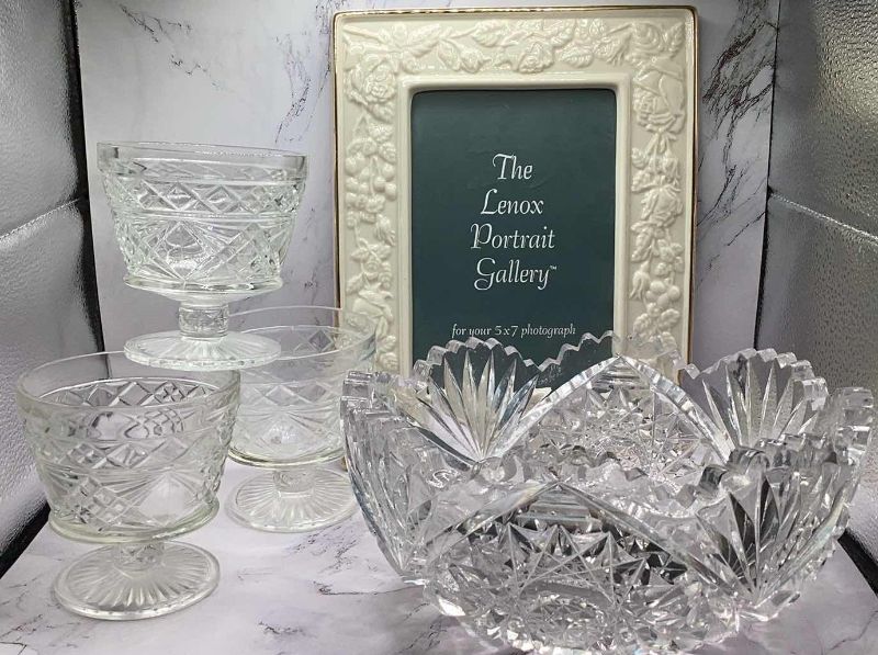 Photo 1 of LENOX PICTURE FRAME, LEADED CUT CRYSTAL BOWL AND 3 DESSERT CUPS