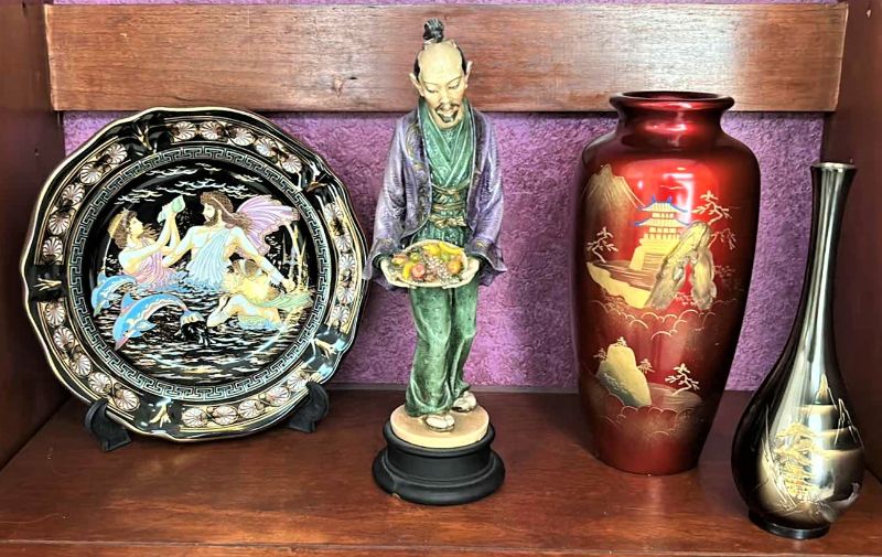 Photo 1 of 4 PIECE HOME DECOR COLLECTIBLES HAND MADE PLATE ITALY 24K GOLD, FIGURINE MADE ON ITALY, 2 ASIAN VASES
