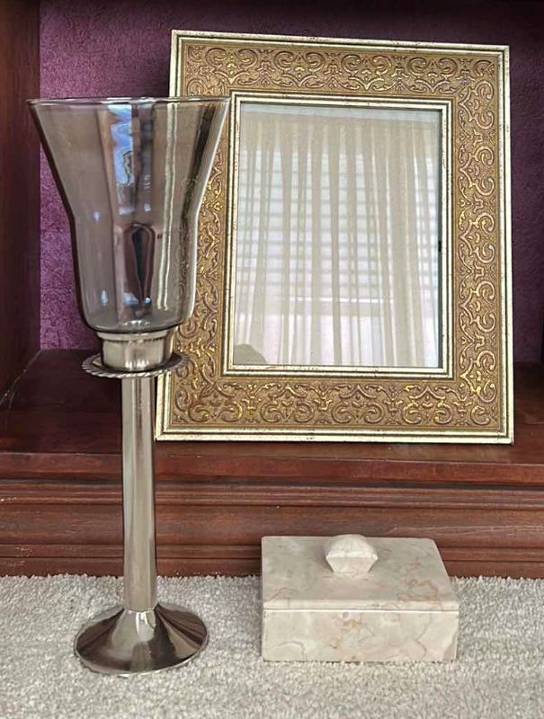 Photo 1 of HOME DECOR ASSORTMENT - FRAME H15”, VASE / CANDLE HOLDER H17”  AND STONE LIDDED DISH