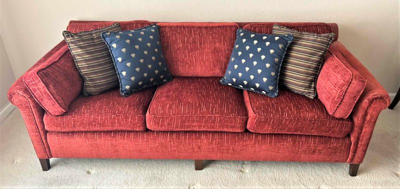 Photo 1 of ETHAN ALLEN SOFA, PILLOWS AND IVORY SUNBRELLA WASHABLE SLIPCOVERS FROM CALICO CORNER WITH ADDITIONAL THROW PILLOWS 7’6”