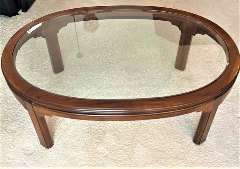 Photo 1 of ETHAN ALLEN WOOD COFFEE TABLE WITH BEVELED GLASS TOP 44” x 29.5”