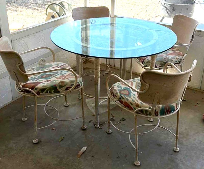 Photo 1 of VINTAGE METAL PATIO DINING SET, ANTIQUE WHITE WITH GLASS TOP 42' ROUND AND 4 CHAIRS