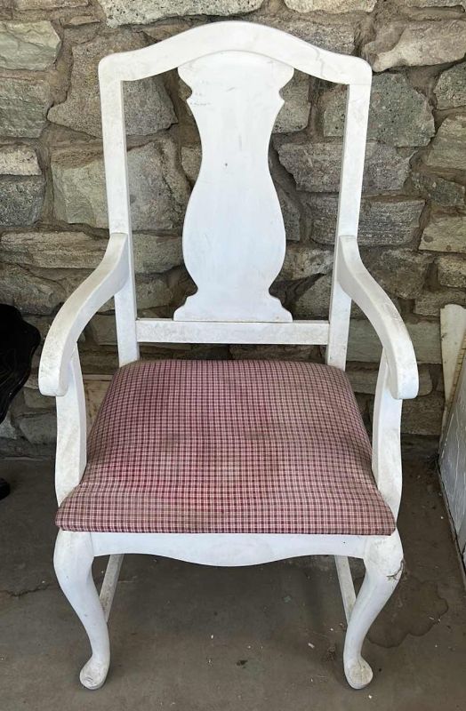 Photo 1 of PAINTED WOOD PORCH CHAIR WITH RED AND WHITE GINGHAM FABRIC