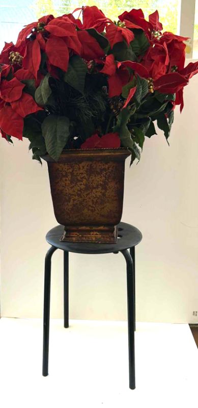 Photo 1 of FAUX POINSETTIA PLANT WITH STAND, OVERALL H 43”