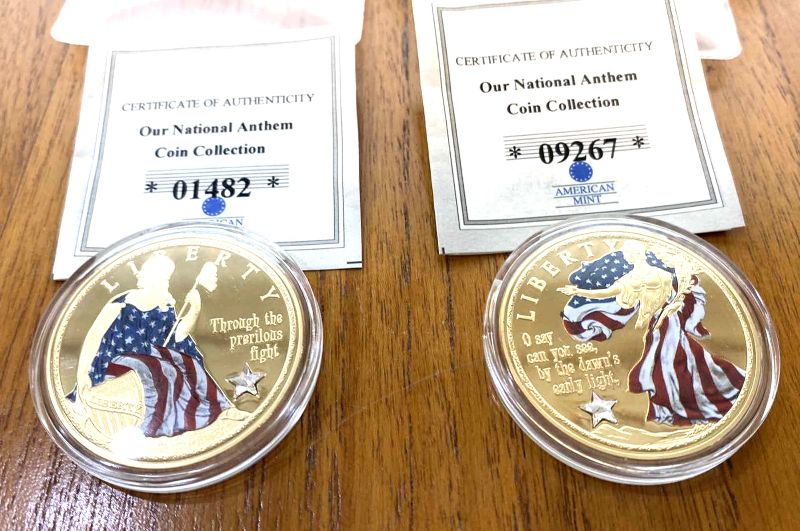Photo 1 of PAIR OF AMERICAN MINT TRIBUTE TO NATIONAL ANTHEM COMMEMORATIVE COIN SWAROVSKI CRYSTAL 