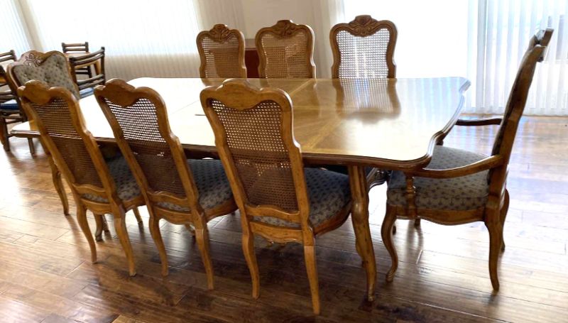 Photo 2 of DREXEL HERITAGE CABERNET PECAN FORMAL DINING WITH 8 CANE CHAIRS CUSTOMIZED WITG EXTRA LEAF TO FIT 14-16 PEOPLE 71” X 42” H 30” NO LEAFS- 3 LEAFS 20” EACH = 131”