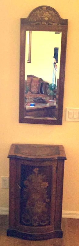 Photo 1 of HAND PAINTED WOOD CABINET AND MIRROR CABINET 20“ x 14“ H 30”, MIRROR 16“ x 40“