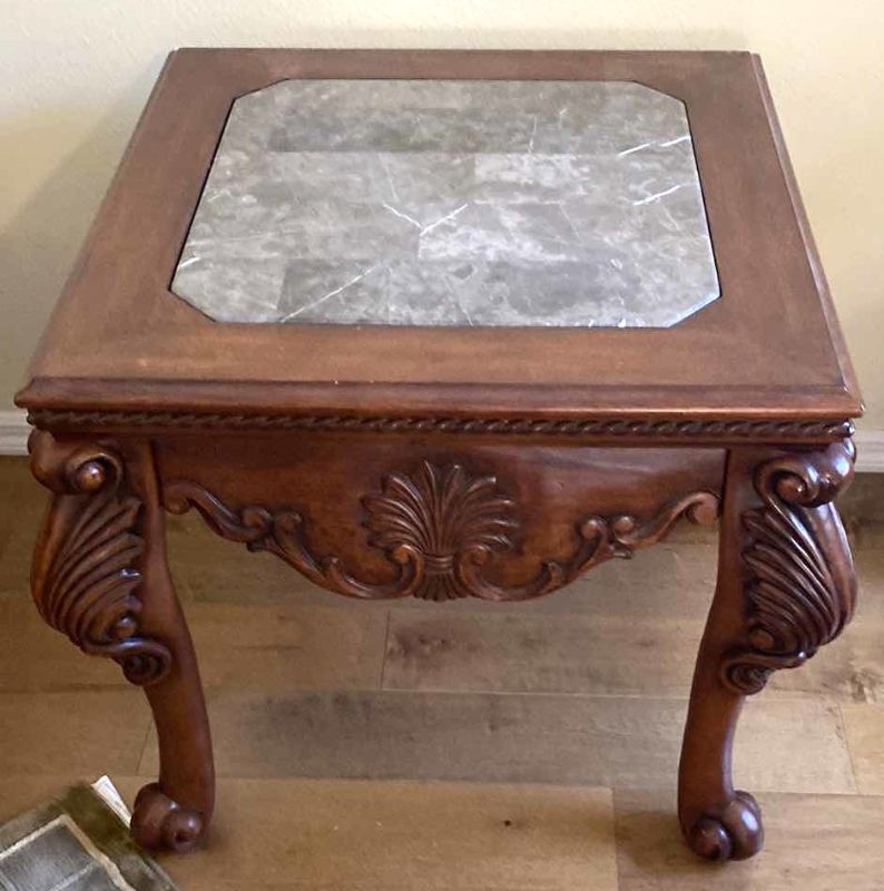Photo 1 of TRADITIONAL ORNATE WOOD AND MARBLE END TABLE 28“ x 28“ H 26”
