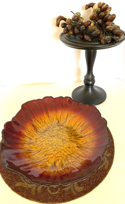 Photo 1 of FABRIQUE EN ITALIE BOWL 13” AND WOOD STAND WITH GLASS GRAPES