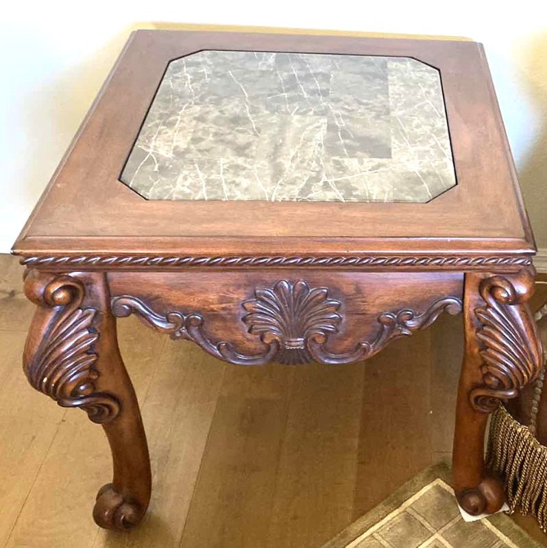 Photo 1 of ORNATE WOOD AND MARBLE END TABLE 28” X 28” H26”