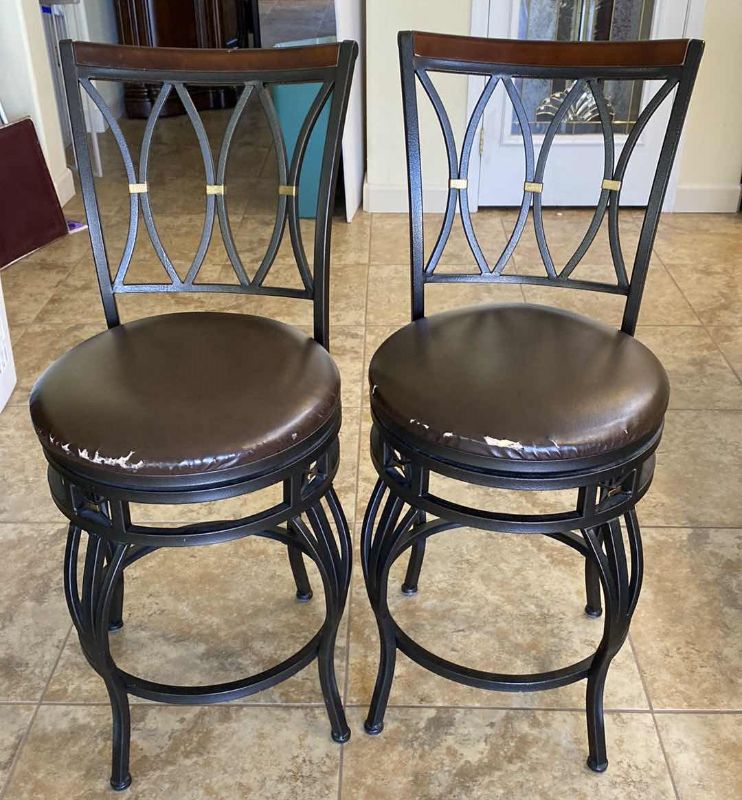 Photo 1 of PAIR OF IRON AND BONDED LEATHER COUNTER HEIGHT BARSTOOLS