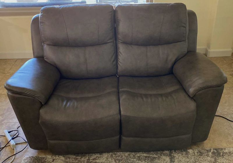 Photo 1 of 65” BROWN BONDED LEATHER RECLINING LOVESEAT BY FLEXSTEEL  WITH USB