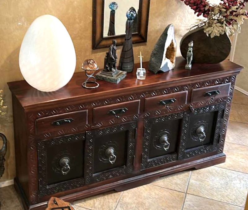 Photo 3 of LARGE HEAVY WOOD CARVED SIDEBOARD WITH METAL HARDWARE (All other items sold separately) 
82” x 18” x 41”