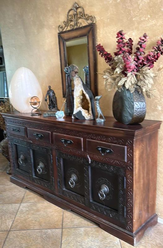 Photo 2 of LARGE HEAVY WOOD CARVED SIDEBOARD WITH METAL HARDWARE (All other items sold separately) 
82” x 18” x 41”