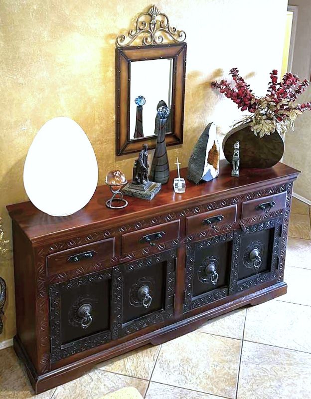 Photo 1 of LARGE HEAVY WOOD CARVED SIDEBOARD WITH METAL HARDWARE (All other items sold separately) 
82” x 18” x 41”