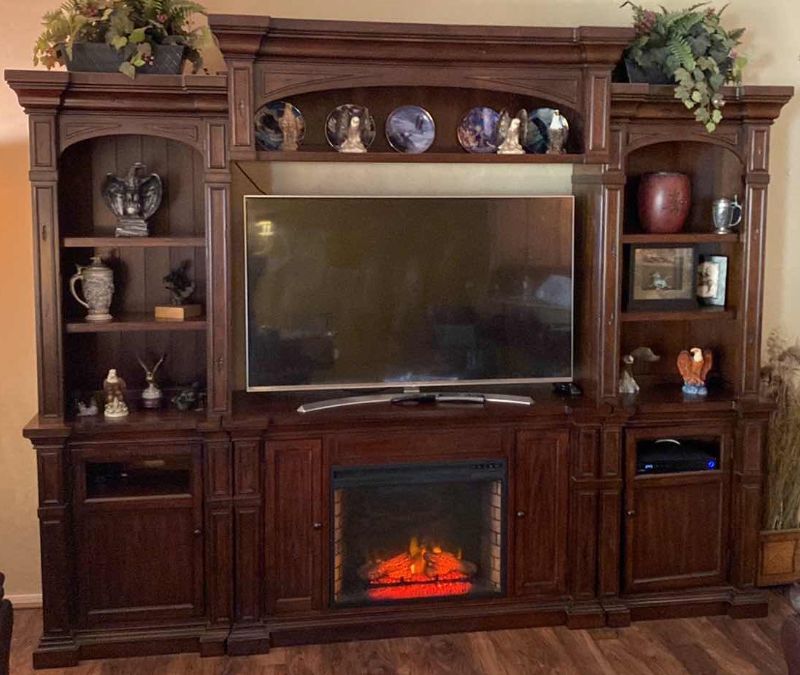 Photo 1 of 6 PIECE SOLID WOOD ENTERTAINMENT CENTER WITH ELECTRIC FIREPLACE 115” X 18” H 84” NOTE: GLASS AND DOOR PANEL FOR BOTTOM CABINET DOORS ARE IN BOXES!