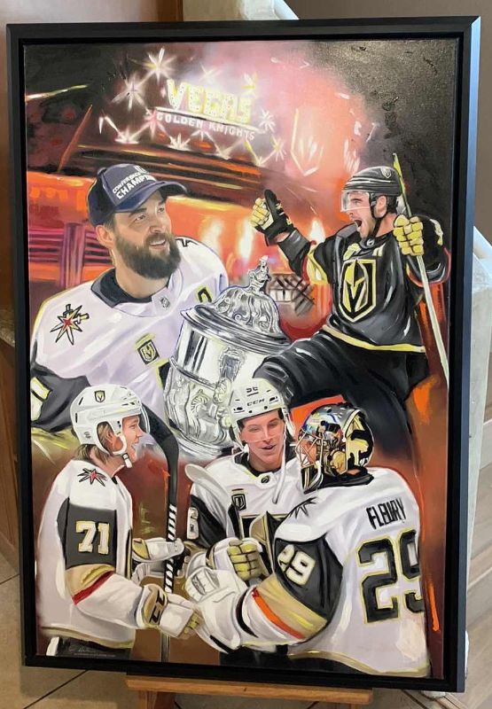 Photo 1 of GOLDEN KNIGHTS "KNIGHTS TO REMEMBER" 2018 FINALS RUN HAND EMBELLISHED PAINTING ON CANVAS 32' X 48"