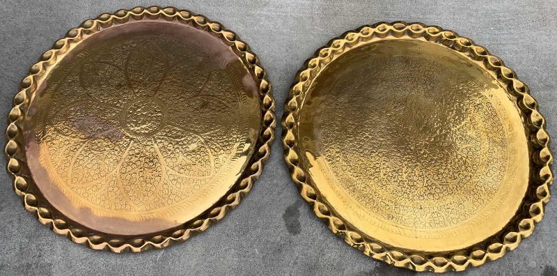 Photo 1 of SET OF 2 METAL MOORISH ROUND BRASS TRAY 25” CIRCUMFERENCE 