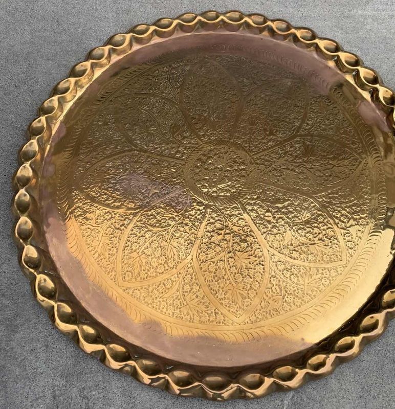 Photo 2 of SET OF 2 METAL MOORISH ROUND BRASS TRAY 25” CIRCUMFERENCE 