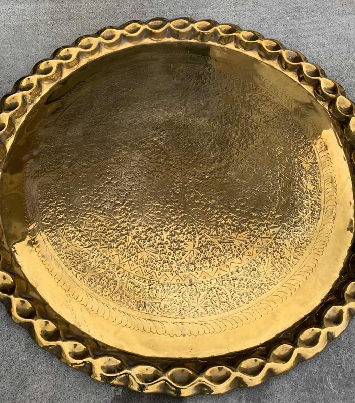 Photo 3 of SET OF 2 METAL MOORISH ROUND BRASS TRAY 25” CIRCUMFERENCE 