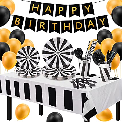 Photo 1 of  Happy Birthday Party Supplies Kit with Happy Birthday Banner, Black and Gold Latex Balloons