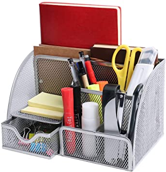 Photo 1 of Office Supplies Desk Organizer,Desk Topper Organisers,Desk Organization,Mesh Office Desk Storage,Pen Organizer for Desk with Drawer,A Must for Students and Office Workers-Mesh,5 Storage Compartment,1 Drawer (SILVER)
