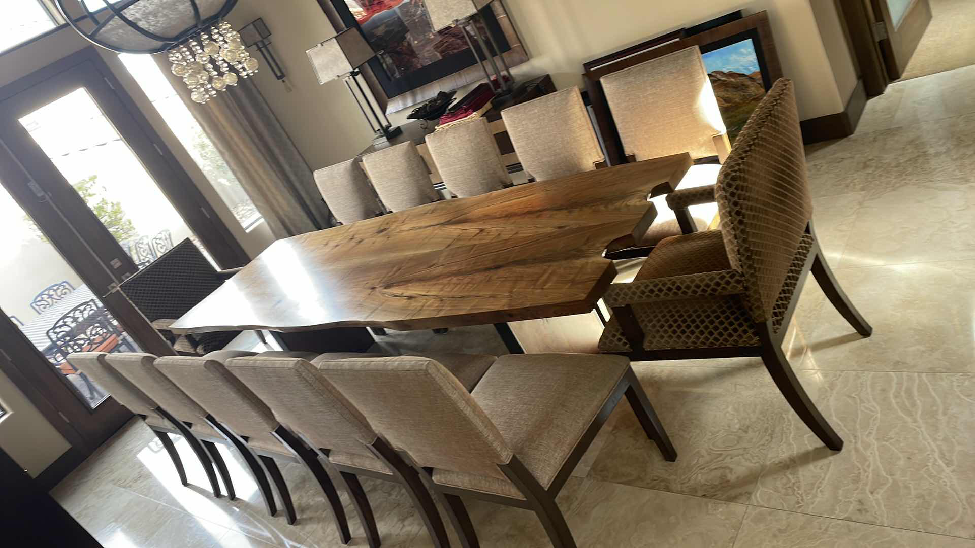 Photo 1 of URBAN HARDWOODS BOOK MATCHED SOLID WESTERN (BLACK) WALNUT TABLE #1183 WITH 10 KREISS SUTTON SIDE CHAIRS & 2 SUTTON ARM CHAIRS  122" X 36"-41" H30"